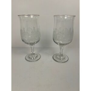 Vintage Libbey Winter Wonderland frosted trees Gold Rim Arbys set of 2